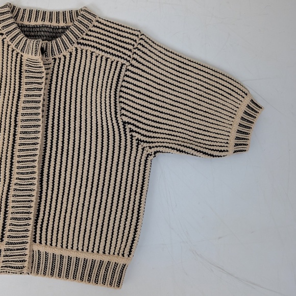 Knit Cardigan Short Sleeve Button Up Stripes Thick - Picture 7 of 11